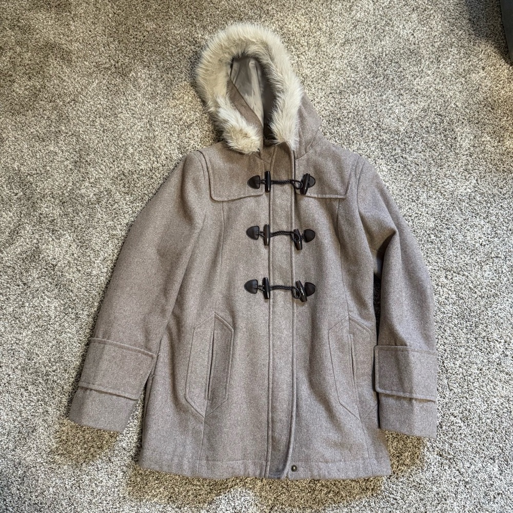 a new day Women's Tan Toggle Coat with Faux Fur Hood